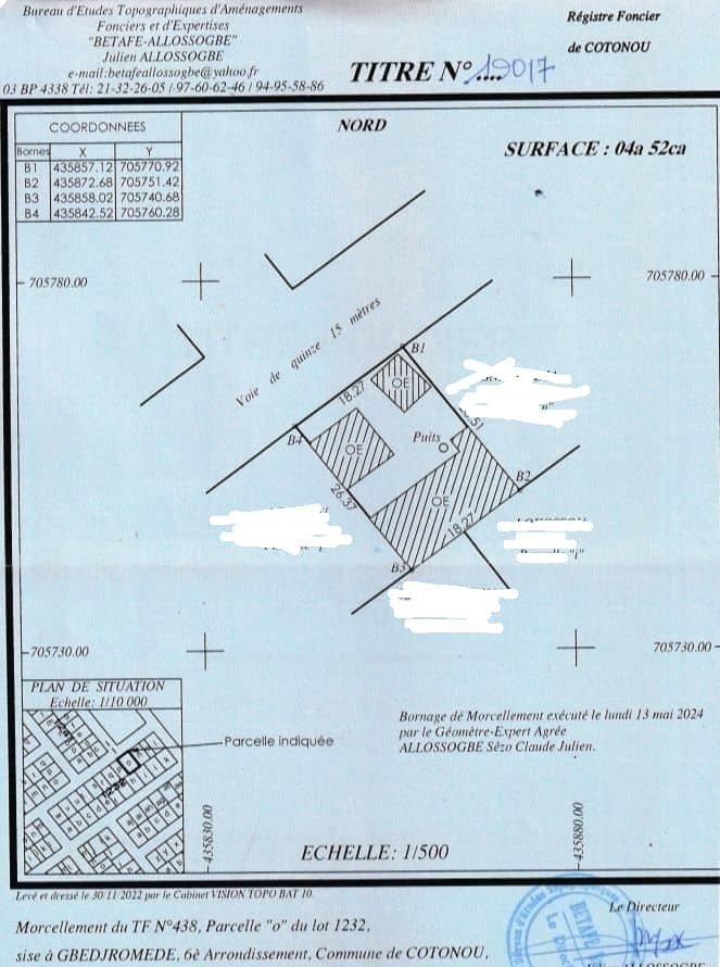 DOMAINE DE 03 HECTARES AVEC TITRE FONCIER PERSONNEL À TORI AZOHOUÈ CADA